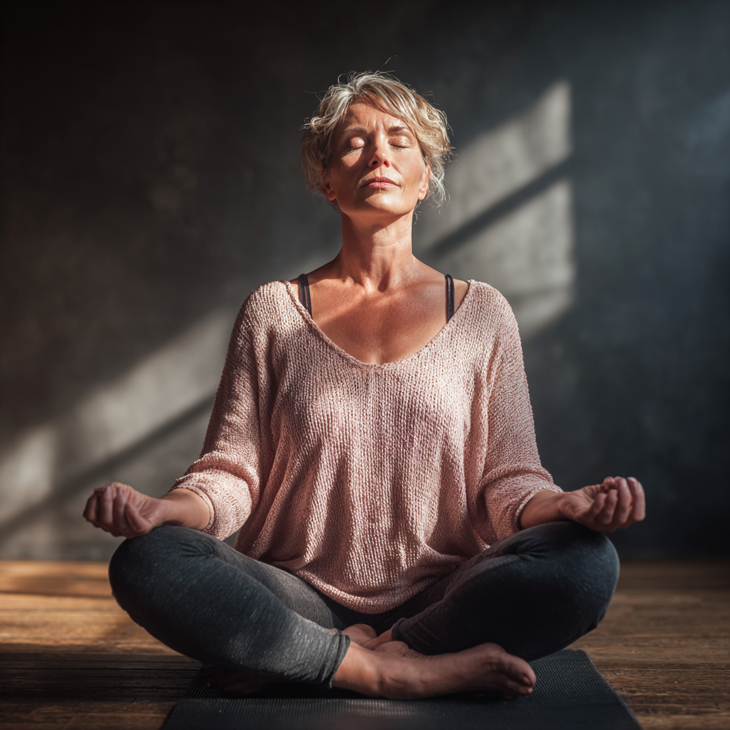 middle-aged woman practicing meditation in peaceful studio environment